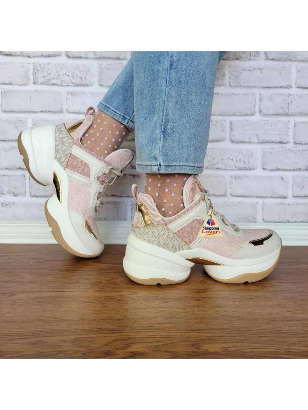 ❤️Michael Kors Olympia Mixed Media Trainer Platform 8M Women Shoes Sneakers Pink